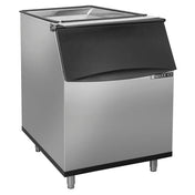 A commercial Maxx Ice storage bin with a black hinged lid and 580 lbs ice storage capacity. It stands on four metal legs, features a slanted front for easy access, and offers a modern, functional design perfect for any setting.