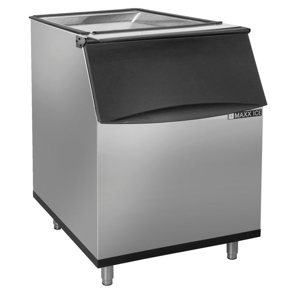 A commercial Maxx Ice storage bin with a black hinged lid and 580 lbs ice storage capacity. It stands on four metal legs, features a slanted front for easy access, and offers a modern, functional design perfect for any setting.