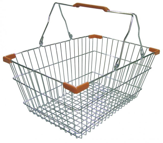 A metal shopping hand basket with steel handles, orange plastic grips, and a grid-patterned base. The handles are upright, and the empty basket is shown against a plain white background.