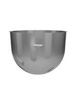 A large, stainless steel KitchenAid Commercial mixer bowl with a smooth, shiny surface is shown against a white background. The 5-qt bowl features a rounded bottom and a small metal bracket attached near the top edge on the front.