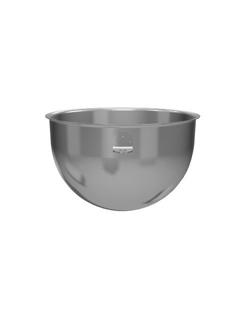 A 5 quart KitchenAid mixer bowl made of stainless steel with a rounded bottom and smooth, reflective surface. The bowl features a small handle or latch on the side and sits centered against a plain white background.