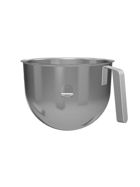 A shiny, metallic KitchenAid Mixer Bowl with a wide opening and sturdy, angular handle on the right side is shown against a plain white background. Made of stainless steel, this 7 quart bowl’s surface reflects light, with a small emblem on its front.