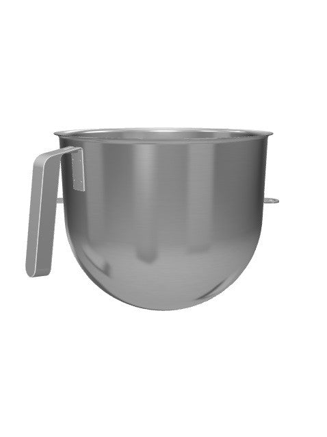 A shiny, stainless steel 8 quart mixer bowl with a flat iron handle is shown against a plain white background. The bowl has a smooth, polished surface and gently curved sides, perfect as a commercial mixer bowl or KitchenAid mixer bowl attachment.