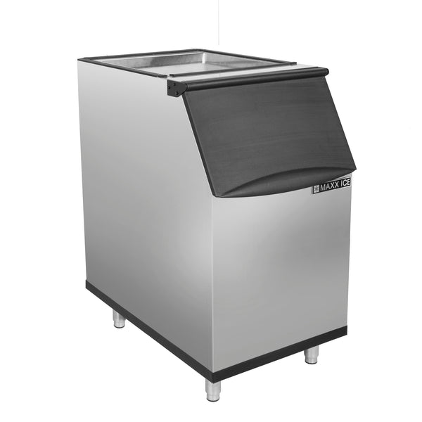 A stainless steel ice storage bin with four metal legs, a black plastic flip-up lid, and MAXX ICE branding on the front. The rectangular bin features an industrial look and pairs perfectly with your commercial ice maker setup.