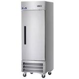 A tall, stainless steel Arctic Air AF23 commercial freezer with a single solid door, black handle, digital display panel, and metal ventilation grate at the bottom. The reach-in freezer stands on four casters for mobility against a plain white background.