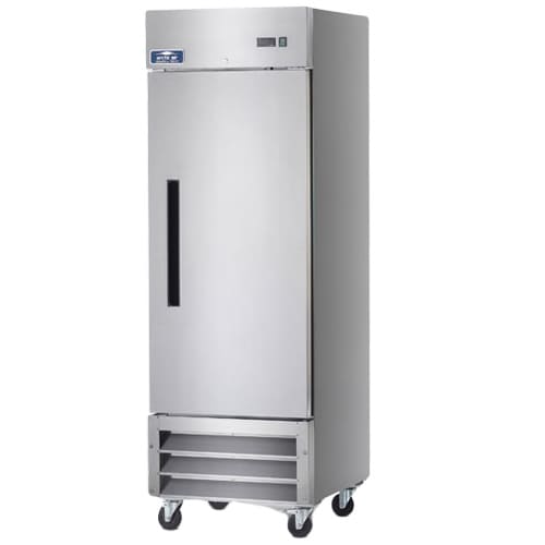 A tall, stainless steel Arctic Air AF23 commercial freezer with a single solid door, black handle, digital display panel, and metal ventilation grate at the bottom. The reach-in freezer stands on four casters for mobility against a plain white background.