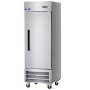 A tall, stainless steel reach-in refrigerator with a single solid door, vertical handle, and ventilation grilles at the bottom. The fridge stands on four caster wheels for mobility and features a small control panel near the top right corner.
