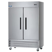 A sleek, modern two-section reach-in refrigerator stands on four wheels. Featuring vertical black handles, a vented bottom panel, and a digital display on the top right, it’s designed for professional kitchens.