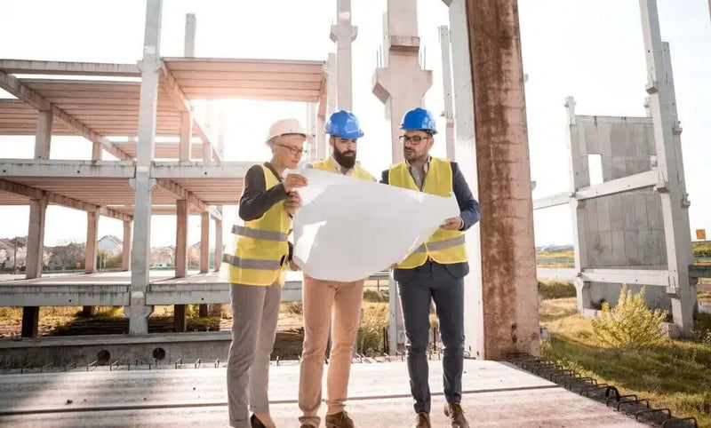 Team of architects and engineers reviewing blueprints at a restaurant construction site for design services