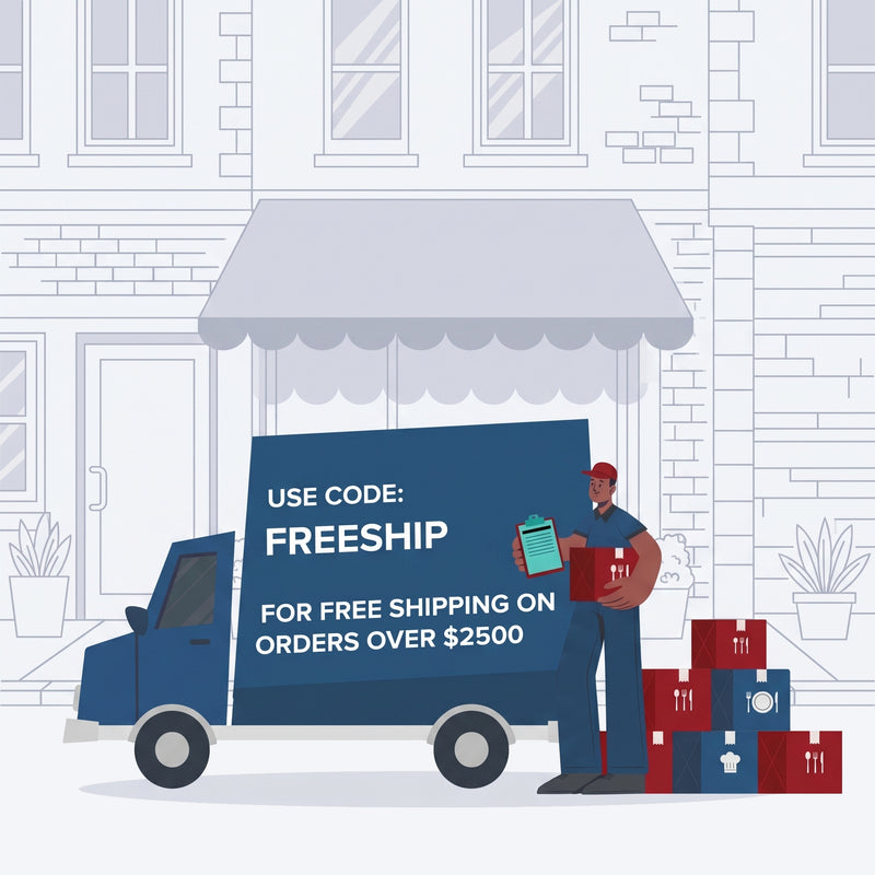 Illustration of a delivery person with boxes and a truck promoting free shipping with a code.