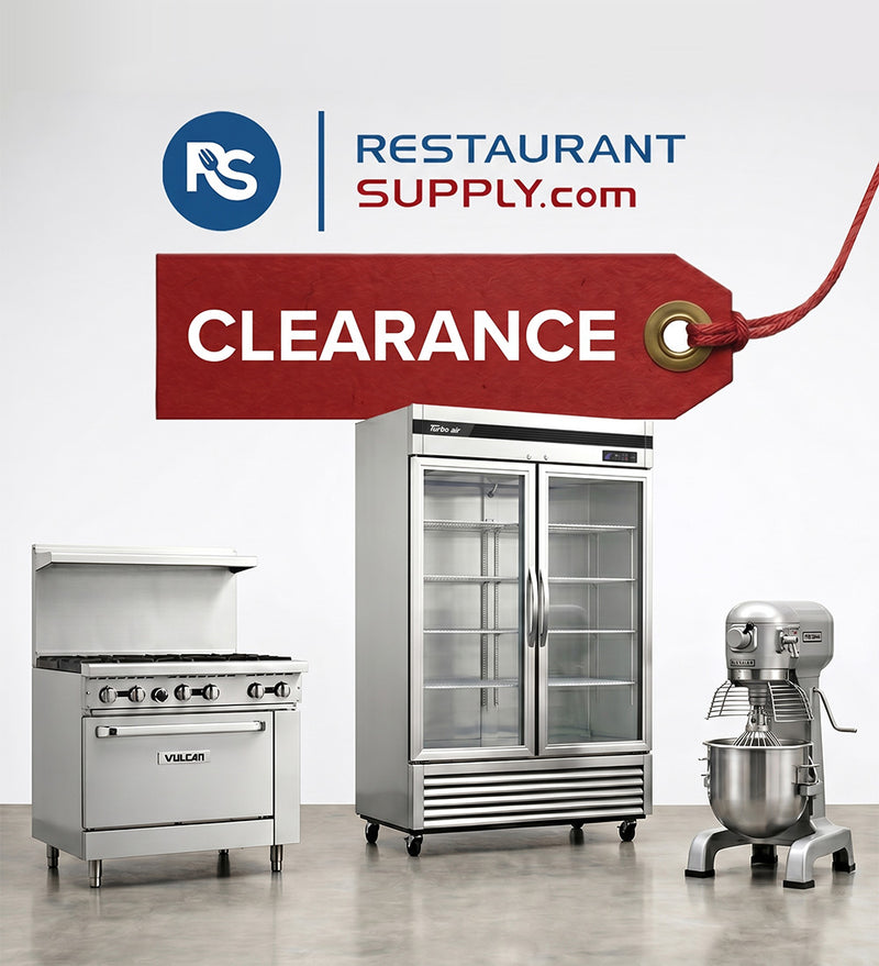Stainless steel kitchen appliances with 'Restaurant Supply.com' clearance tag on a white background