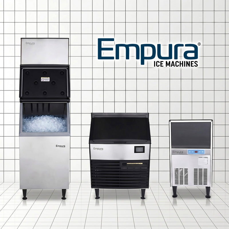 Empura ice machines displayed against a tiled wall with the Empura logo.