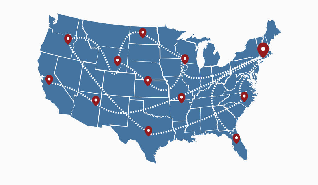 Map of the United States with red markers indicating restaurant supply online shipping locations