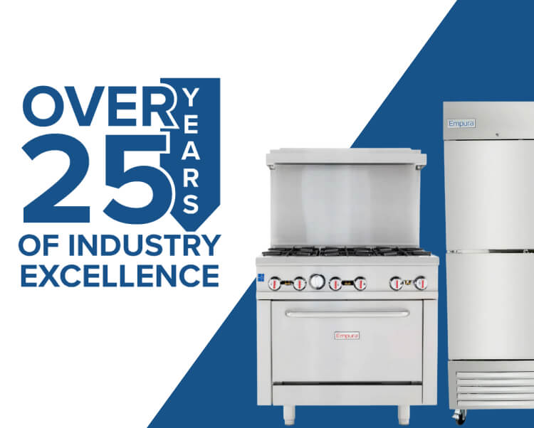 Stainless steel commercial kitchen appliances with Over 25 Years of Industry Excellence text on a blue and white background.