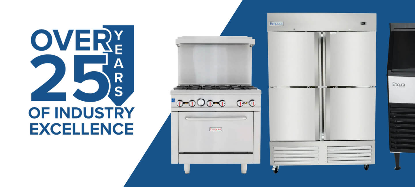 Stainless steel kitchen appliances with Over 25 Years of Industry Excellence text on a blue background