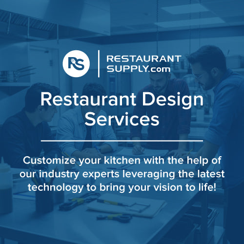 restaurant design services advertisement with people in a kitchen setting and restaurant supply logo