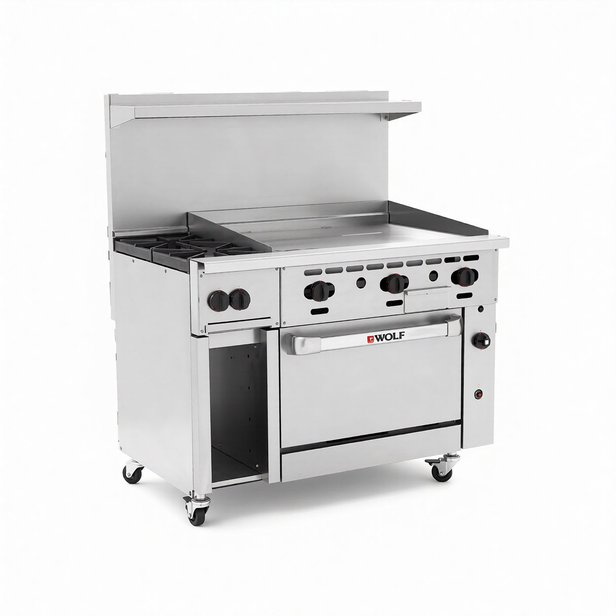 A Wolf Challenger XL Restaurant Range, this commercial gas range features four burners on the left, a 48 inch griddle in the center, an oven below, front control knobs, a raised backsplash, and wheels for mobility—all set against a white background.