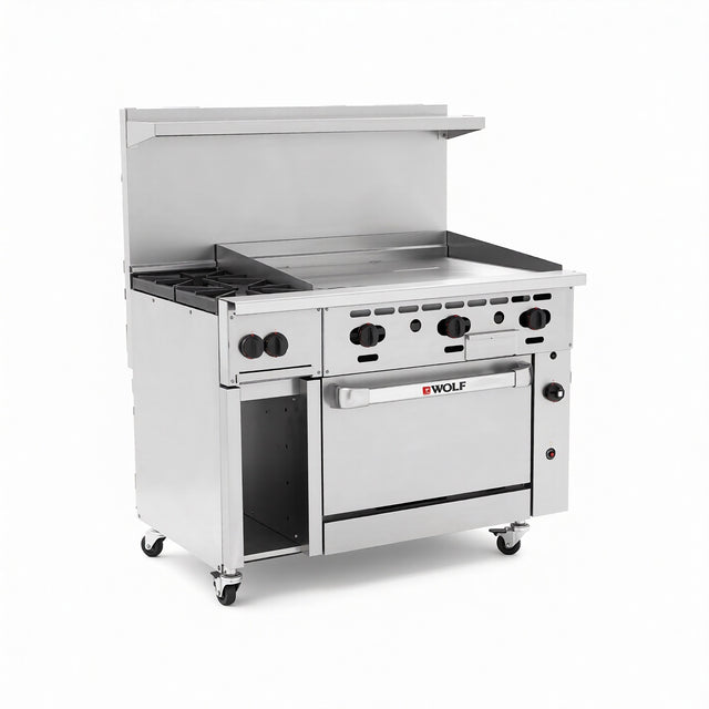 A Wolf Challenger XL Restaurant Range, this commercial gas range features four burners on the left, a 48 inch griddle in the center, an oven below, front control knobs, a raised backsplash, and wheels for mobility—all set against a white background.