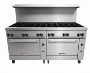 A large stainless steel commercial restaurant range with twelve gas burners, two ovens below—one a convection oven—multiple control knobs, and a high backsplash; Wolf brand logo on both oven doors. The unit stands on wheels for mobility.
