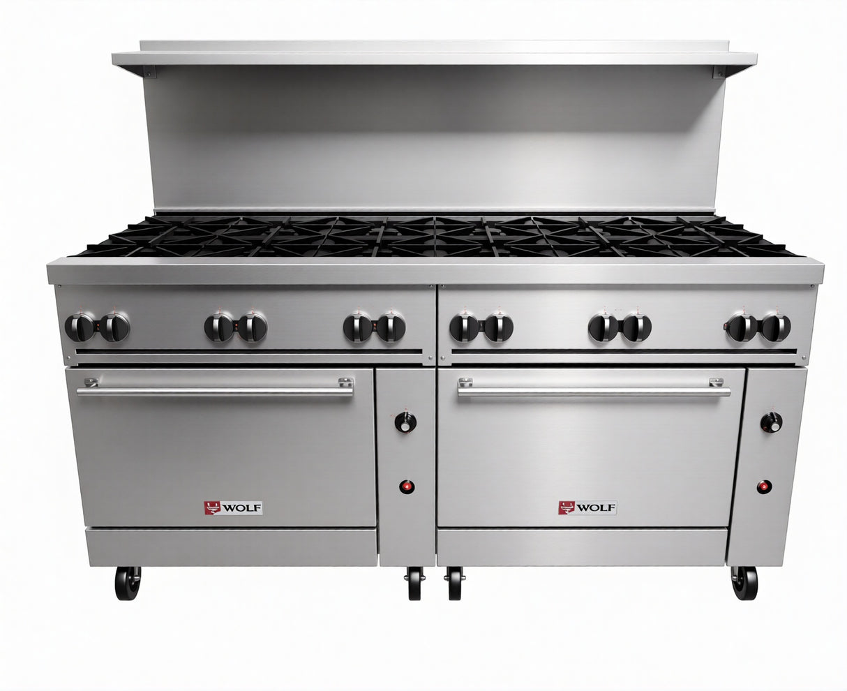 A 72-inch Wolf Challenger XL Restaurant Range with two ovens, eight burner controls, a backsplash, and heavy-duty grates. The commercial gas range features the Wolf logo on both oven doors and sits on sturdy wheels.