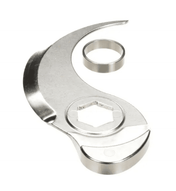 A curved, silver metal R30 Straight Blade with a sharp edge, hexagonal central hole, and matching circular ring beside it rest on a white background. This 117950S part fits Robot Coupe food processors with its sleek, crescent design.