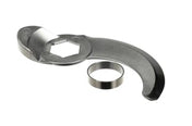 A curved, metallic spanner wrench with a smooth edge and hexagonal opening sits on a white background. Next to it is a separate, small metal ring, likely used as a washer or spacer. Both R45T items appear clean and unused.