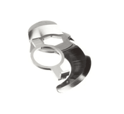 A silver, metallic R60T mechanical part with a circular opening in the center and curved, angular extensions. Its smooth edge and reflective surface are highlighted by shadows, emphasizing its three-dimensional form against a plain white background.