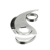A curved, silver metal Blade Only with a smooth edge, featuring a sharp blade, a round hole at one end, and a hexagonal hole near the center. This R23T part is designed as a replacement blade for a can opener. Background is plain white.
