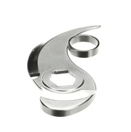 A curved, silver metal Blade Only with a smooth edge, featuring a sharp blade, a round hole at one end, and a hexagonal hole near the center. This R23T part is designed as a replacement blade for a can opener. Background is plain white.