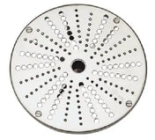A round, flat metal Grating Disc with a central hole and multiple rows of smaller holes in a radial pattern—likely a Robot Coupe food processor attachment used for slicing or shredding foods like rostis potatoes.