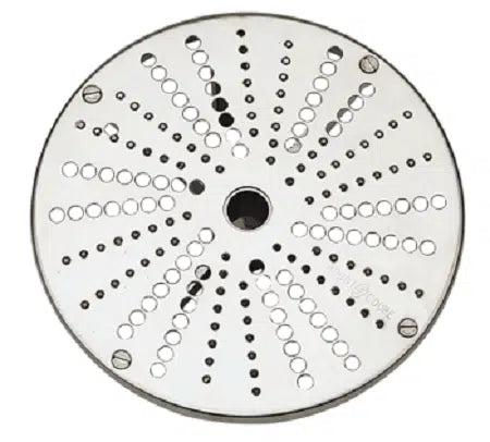 A round, flat metal Grating Disc with a central hole and multiple rows of smaller holes in a radial pattern—likely a Robot Coupe food processor attachment used for slicing or shredding foods like rostis potatoes.