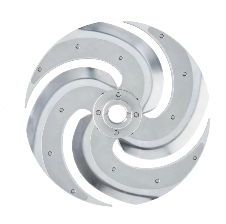 A shiny, metallic Slicing Disc with five curved, blade-like arms evenly spaced around a central hub, resembling a modern rotary blade or fan—perfect for your Robot Coupe and ideal for slicing cooked potatoes—photographed against a plain white background.