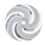 A shiny, metallic Slicing Disc with five curved, blade-like arms evenly spaced around a central hub, resembling a modern rotary blade or fan—perfect for your Robot Coupe and ideal for slicing cooked potatoes—photographed against a plain white background.