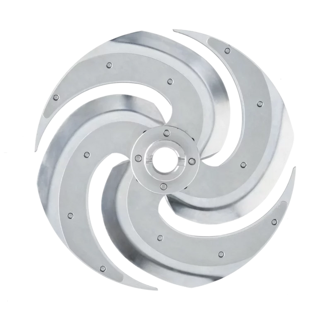 A shiny, metallic Slicing Disc with five curved, blade-like arms evenly spaced around a central hub, resembling a modern rotary blade or fan—perfect for your Robot Coupe and ideal for slicing cooked potatoes—photographed against a plain white background.