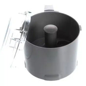 A gray, empty air fryer basket with a central handle is shown from above. The 3 liter capacity basket’s lid is open and to the side, revealing its smooth, nonstick interior. The white background highlights the clean and modern design.