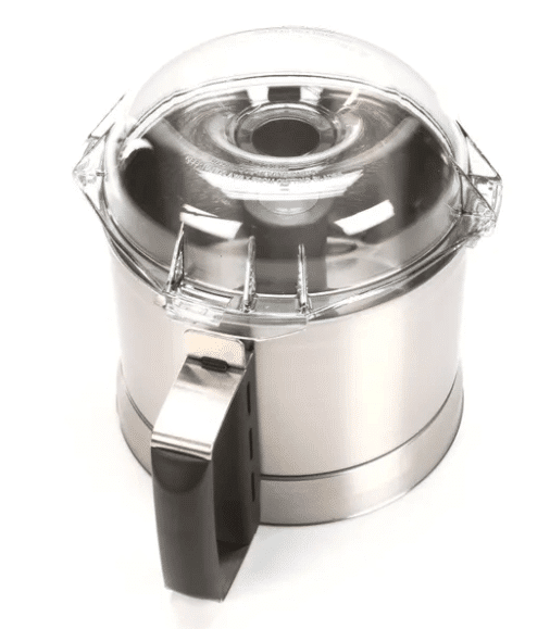 A stainless steel electric popcorn maker, ideal for snack lovers and food processors enthusiasts, features a transparent plastic lid with a central opening and three notched sections for easy pouring and steam release.