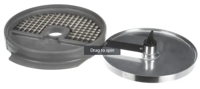 Two metal food processor blades are shown. The left Robot Coupe blade features a round disc with a 10 mm grid of square holes; the right is a solid disc with a raised vertical chopping blade. A “Drag to spin” label is overlaid.