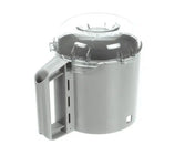 A gray plastic Robot Coupe R301 Cutter Bowl Kit container with a large side handle and a clear, round snap-on lid. The lid has small raised grips, and the cylindrical body features two rectangular holes at the bottom and near the handle.