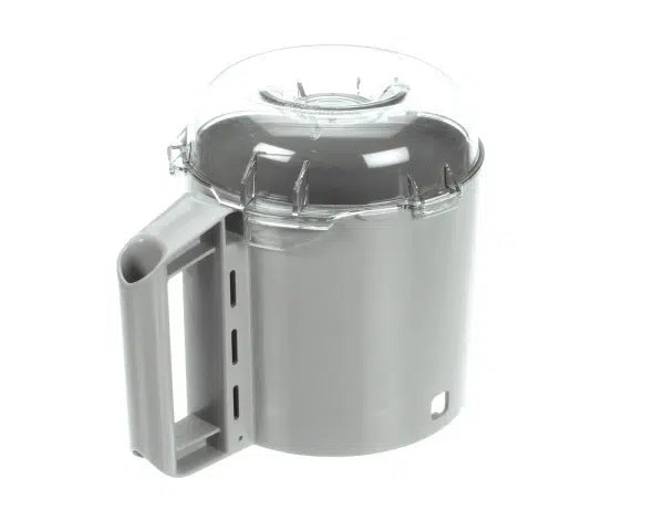 A gray plastic Robot Coupe R301 Cutter Bowl Kit container with a large side handle and a clear, round snap-on lid. The lid has small raised grips, and the cylindrical body features two rectangular holes at the bottom and near the handle.