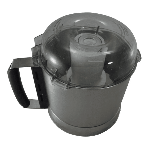 A stainless steel bowl from the Cutter Bowl Kit is shown with a black handle and transparent lid featuring a central feed tube and locking clips, viewed from above. This R301 Ultra bowl sits on a plain white background.