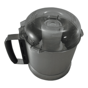 A stainless steel bowl from the Cutter Bowl Kit is shown with a black handle and transparent lid featuring a central feed tube and locking clips, viewed from above. This R301 Ultra bowl sits on a plain white background.