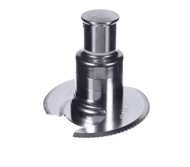 A close-up of a shiny, stainless steel S Blade food processor attachment with two curved, fine serrated edge blades, positioned vertically on a white background. The blades overlap and the central shaft is cylindrical and metallic.