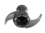 A close-up photo of a black plastic and metal Robot Coupe food processor blade with two fine serrated, stainless steel S blades attached to a cylindrical central hub. The hub has multiple round holes near its base. The background is plain white.