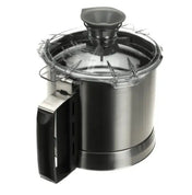 A stainless steel grease container with a black plastic handle and a transparent lid. The lid features a built-in strainer and spout for easy pouring. Its sleek, functional design is inspired by BLIXER 3 bowl assembly, perfect for any kitchen.