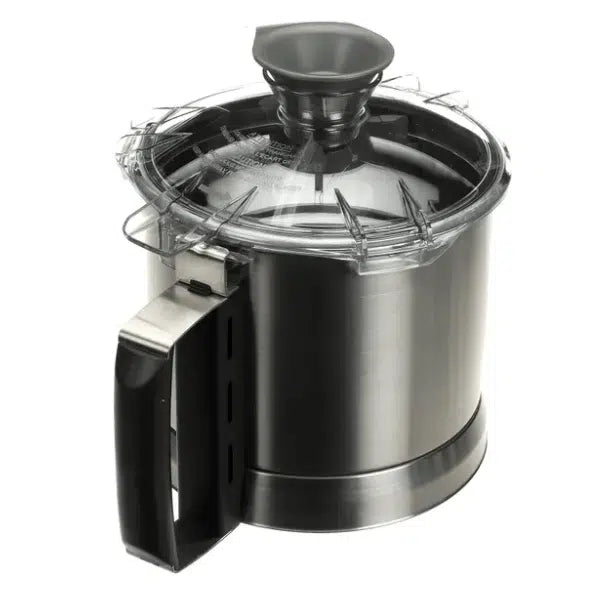 A stainless steel grease container with a black plastic handle and a transparent lid. The lid features a built-in strainer and spout for easy pouring. Its sleek, functional design is inspired by BLIXER 3 bowl assembly, perfect for any kitchen.