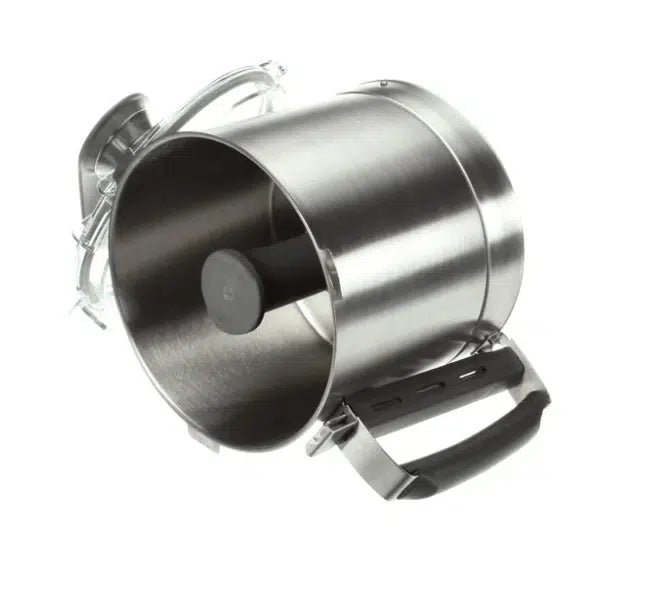 A BLIXER 4 stainless steel Bowl Assembly with a transparent lid and black handle, shown tilted on its side. The bowl features a central black knob, and the partially open lid reveals the interior. Background is plain white.