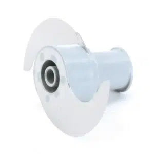 A close-up image of a Robot Coupe S Blade with two curved, smooth edges attached to a cylindrical, light gray plastic hub, isolated on a white background. The blade is angled to show both the cutting edges and the central attachment point.