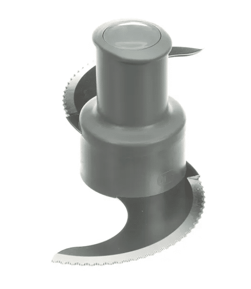 A close-up of a double stainless steel S Blade with a fine serrated edge, mounted on a central plastic hub designed to fit into a Robot Coupe food processor. The plain white background highlights the blade’s sharp curves and sleek design.
