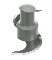 A close-up of a double stainless steel S Blade with a fine serrated edge, mounted on a central plastic hub designed to fit into a Robot Coupe food processor. The plain white background highlights the blade’s sharp curves and sleek design.