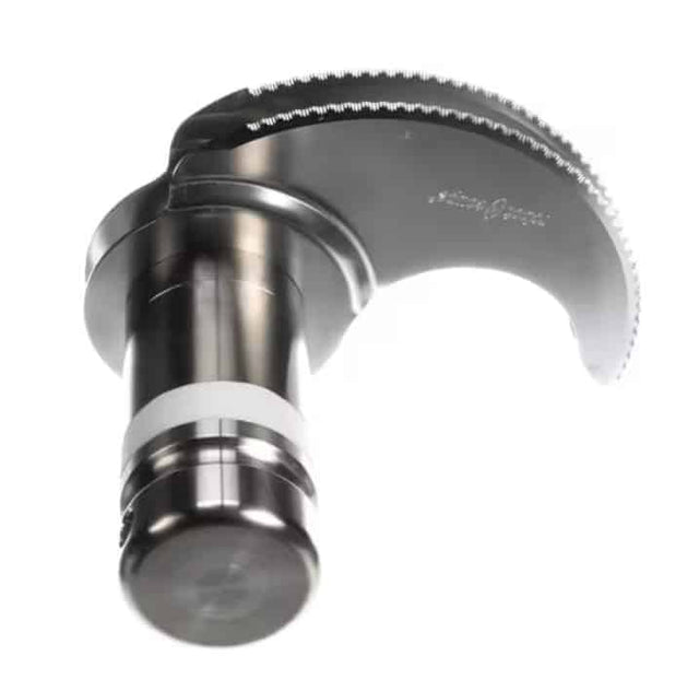 A close-up of a curved, metallic surgical instrument with a fine serrated edge and dual-edged blades, featuring a cylindrical handle—reminiscent of advanced Blade Assembly—positioned against a plain white background. The tool appears clean and precise in design.